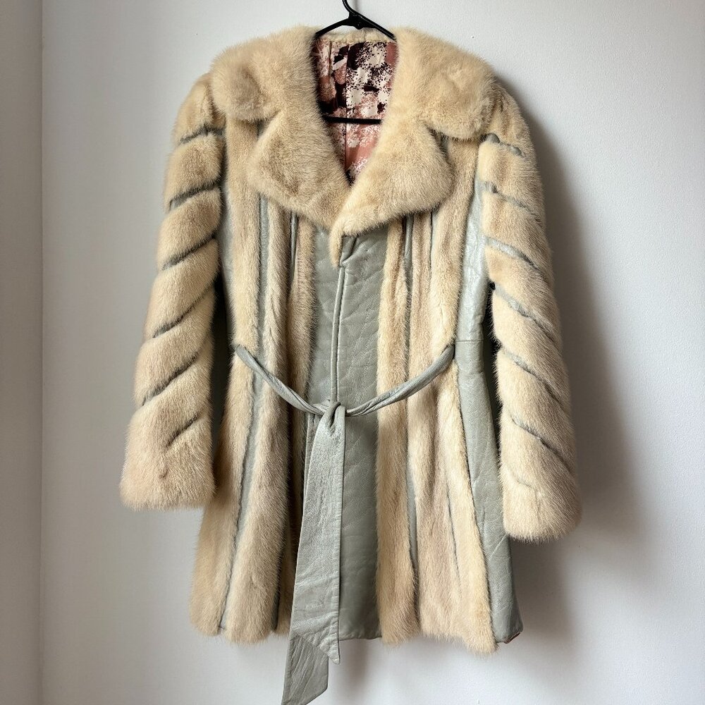 Vintage 1960's Blonde Mink & Grey Leather Fur Coat